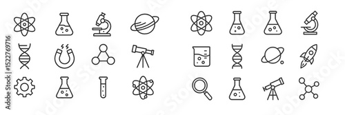 Science symbols and icons representing various scientific fields arranged in a neat layout for educational use