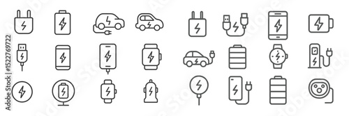 Varied icons depicting charging technology and battery life concepts used in everyday devices