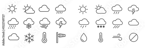 Weather symbols showing various conditions including sun, clouds, rain, and snow in a clear, simple design