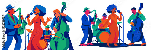 Musicians perform lively jazz music at an outdoor festival during a sunny afternoon