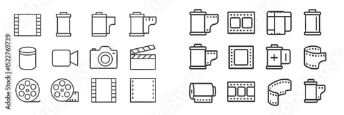Collection of film-related icons showcasing cameras, film reels, and editing tools in a minimalist design