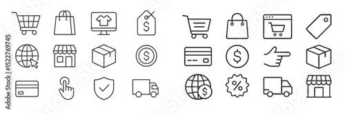 Shopping symbols and icons representing e-commerce and retail activities in various formats on a clean background