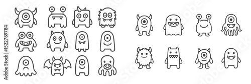 Cute and playful monster character designs featuring various shapes and expressions in a whimsical style