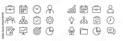 Business icons representing various concepts in a minimalistic style suitable for presentations and digital design projects