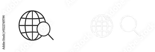 Interactive globe and magnifying glass icons representing global search and exploration features