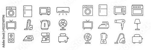 Home appliance icons featuring a variety of essential household items in simple line art style