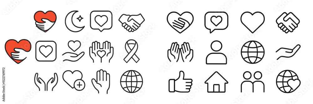 Fototapeta premium Collection of simple line art icons representing love, support, and community activities in a harmonious layout
