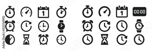 Various clock and timer icons displayed in black and white showing different styles and functions for time management