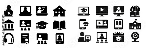 Various educational icons representing online learning, traditional classrooms, and academic engagement