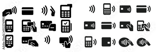 Wireless payment icons illustrating contactless transactions for various devices and cards in a simple design format