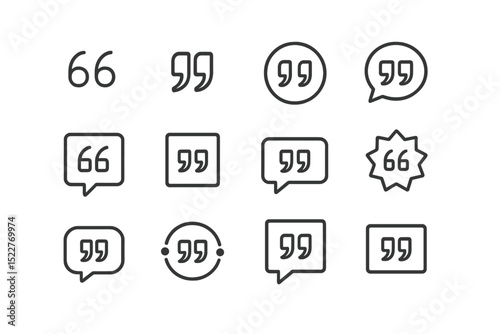 Various designs of quotation marks, speech bubbles, and text elements in a simple layout for communication purposes