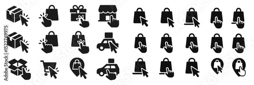 Collection of delivery and shopping icons representing various online shopping activities with hand gestures in a minimalistic design