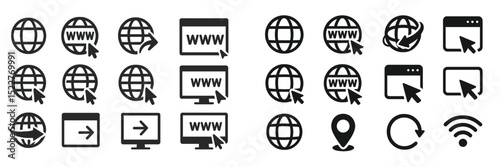 Collection of internet symbols showcasing web connectivity, navigation, and online activities