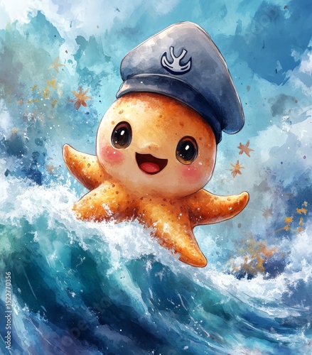 Kawaii Starfish Captain: A Whimsical Voyage on the Watercolor Waves.
