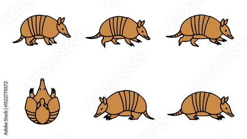 A cartoon image featuring six armadillos, each with a different pose and orientation.