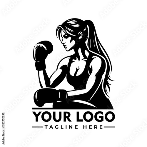Strong athletic woman boxer in fighting stance wearing sportswear and boxing gloves, black and white cartoon vector illustration
