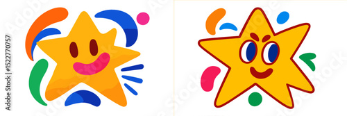 Colorful star characters expressing joy and playfulness surrounded by vibrant shapes in a playful design