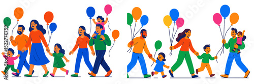 Families enjoying a joyful day at the park while holding colorful balloons in a cheerful atmosphere