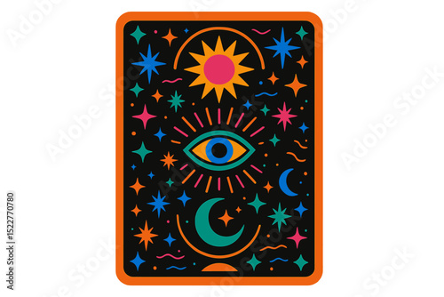 Colorful cosmic design showcasing stars, moons, and an eye, evoking a sense of mystery and wonder in a vibrant and artistic manner