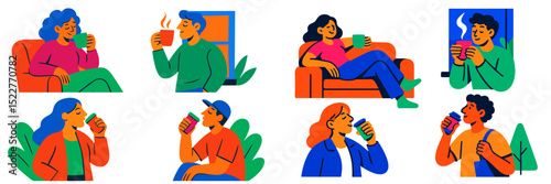People enjoying drinks and relaxing in a cozy indoor environment with colored illustrations