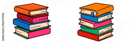 Colorful stacks of books displayed together in a library setting during a sunny afternoon