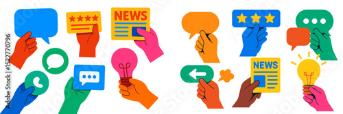 Creative hands holding colorful speech bubbles and news articles showcasing communication and information sharing