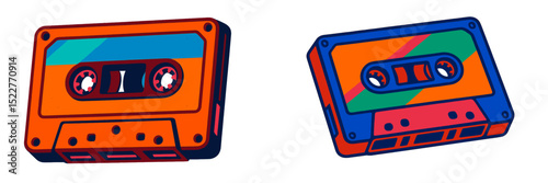 Colorful retro cassette tapes displayed together in vibrant designs and patterns reminiscent of the 1980s music era