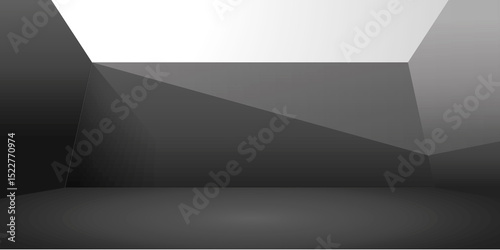 3d rendering of blank minimal black and white abstract indoor background, sharp light and shade from sky, for creative concept design, futuristic product mockup, or modern architect scene studio.
