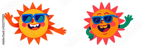 Bright, colorful cartoon suns with sunglasses expressing joy and happiness in a playful design against a white background