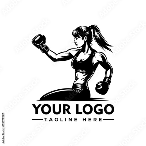 Strong athletic woman boxer in fighting stance wearing sportswear and boxing gloves, black and white cartoon vector illustration
