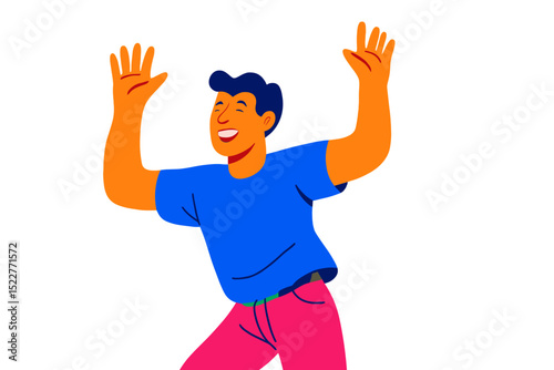 Man celebrating joyfully with raised hands and a big smile in a vibrant digital illustration