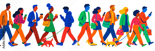 Busy city street filled with diverse people walking, chatting, and enjoying the day in a vibrant urban environment