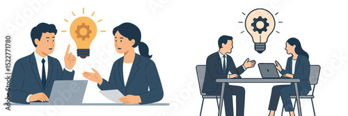 Business team brainstorming innovative ideas in a modern workplace setting during the daytime