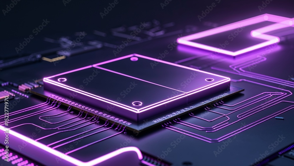 Rectangular integrated circuit chip glowing inside device, with neon-lit traces and capacitors Rectangular integrated circuit chip glowing inside device, with neon-lit traces and capacitors