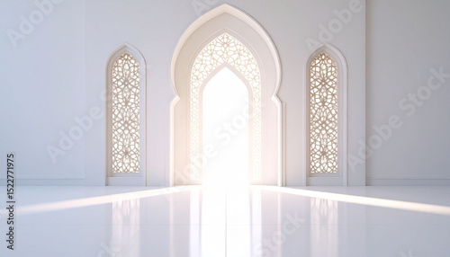 White mosque door with soft light coming in, islamic background concept