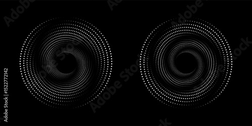 Modern abstract background. Halftone dots in circle form. Spiral logo, icon or design element. Black dots on a white background and white dots on the black side.