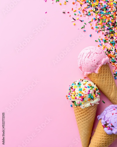 National Ice Cream Day Background with Colorful Dessert Border Colorful Ice Cream Cones with Sprinkles on Pink Background