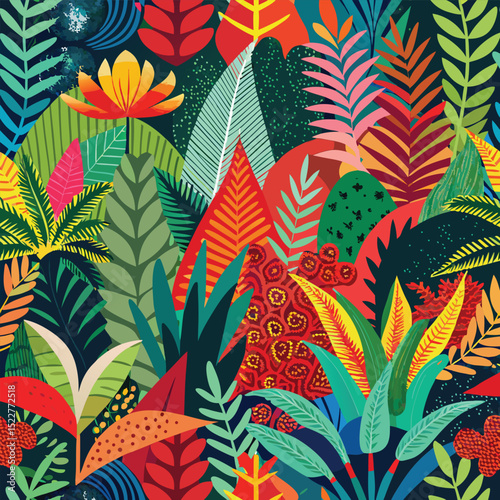 Vibrant Tropical Jungle Leaves Seamless Pattern Bold Colors and Exotic Foliage Illustration