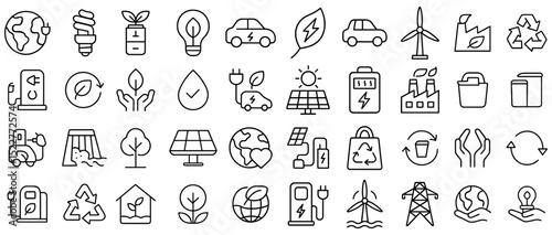 Diverse eco friendly energy resources and green technologies icons collection representing sustainability and environmental conservation