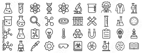 Scientific laboratory equipment and research icons concept illustrating science technology innovation experimentation