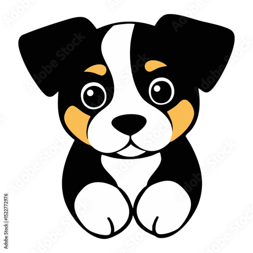 An adorable cartoon puppy illustration with big, expressive eyes and a charming tricolor coat, exuding cuteness and playfulness