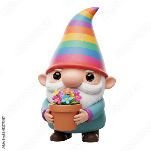 3d Kawaii Rainbow Gnome Holding Flowers In Pot Cute and Playful