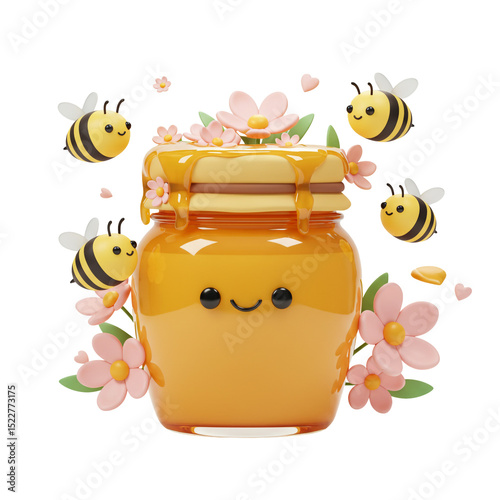 3d Kawaii Sweet Jar Full of Honey Surrounded by Friendly Flying Bees