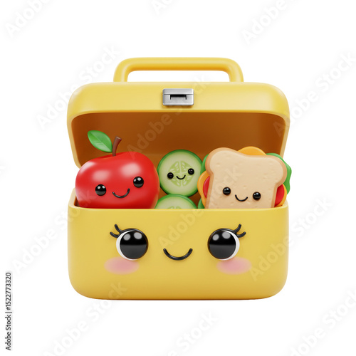 3d Cute Yellow Lunchbox Filled with Healthy Cartoon Food Characters