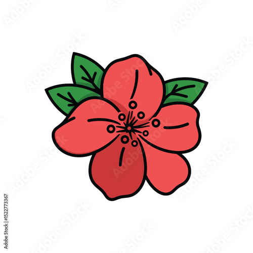 Cartoonstyle peach blossom with leaves, black outline on a clean white backdrop