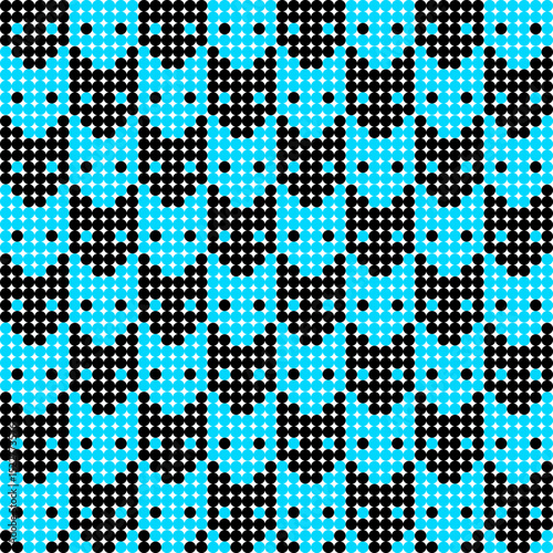 A seamless beading pattern featuring black cat faces on a bright blue background. Ideal for craft design, textile prints, and digital art projects.