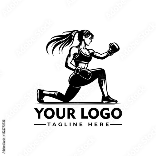 Strong athletic woman boxer in fighting stance wearing sportswear and boxing gloves, black and white cartoon vector illustration
