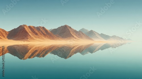 Surreal desert with mirrored water illusion and geometric patterns, modern visual twist,