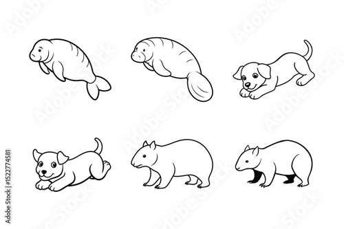 Adorable Cartoon Animals Manatees, Puppies, and Wombats - Line Art Illustrations