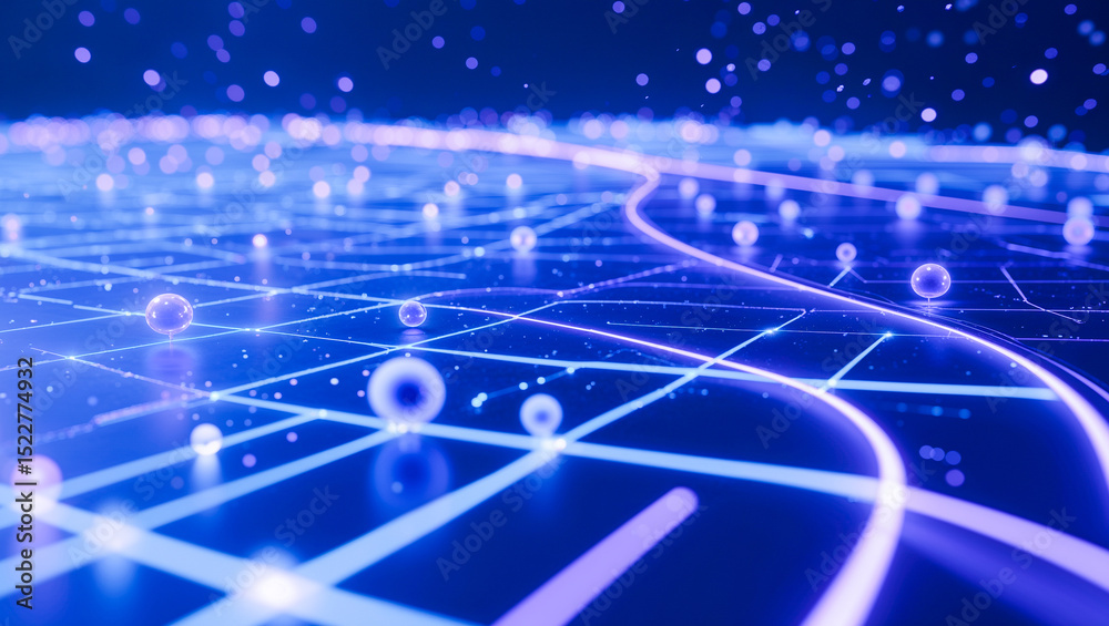 Obraz premium Spreading glowing grid lines on reflective surface, with luminous spheres, drifting light particles